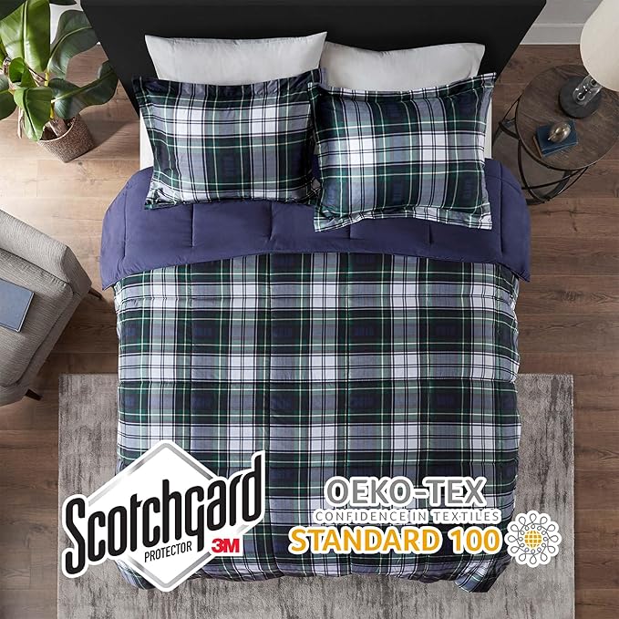 Madison Park Essentials Parkston Plaid Comforter, Matching Sham, 3M Scotchguard Stain Release Cover, Hypoallergenic All Season Bedding-Set, King/California King, Navy, 3 Piece