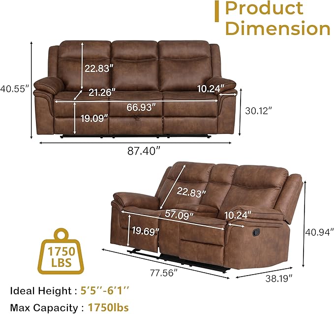 Luxurious Faux Leather Recliner Sofa Set for Living Room, Manual Rocking Loveseat, 3 Seat Reclining Sofa Couch with Dropdown Table, Storage and USB for Meeting Room (77"+87")