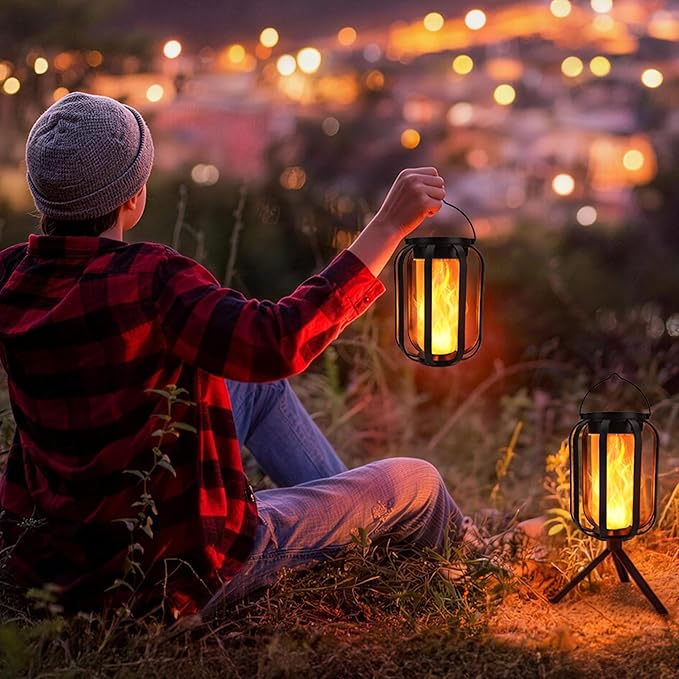 Toodour Solar & Battery Powered Lantern Outdoor Lights, 2 Pack Black LED Lantern with 4 Modes, Waterproof Rechargeable Hanging Solar Lights for Camping Patio Garden Yard Outdoor Decor
