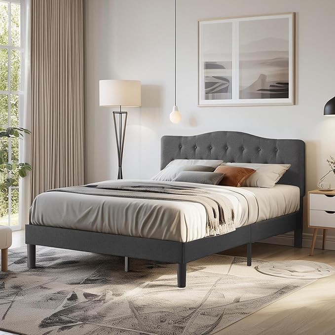 VECELO Full Size Bed Frame Upholstered Platform with Tufted Adjustable Headboard/Mattress Foundation Wood Slat Support/Easy Assembly,Grey