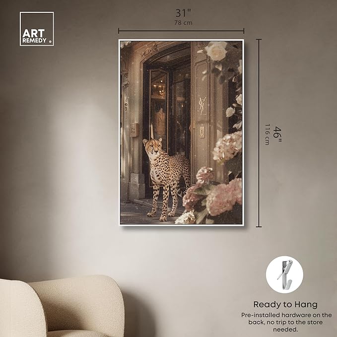Art Remedy Cheetah at the Store Canvas Fashion Designer Wall Art, White Frame, 30" x 45"