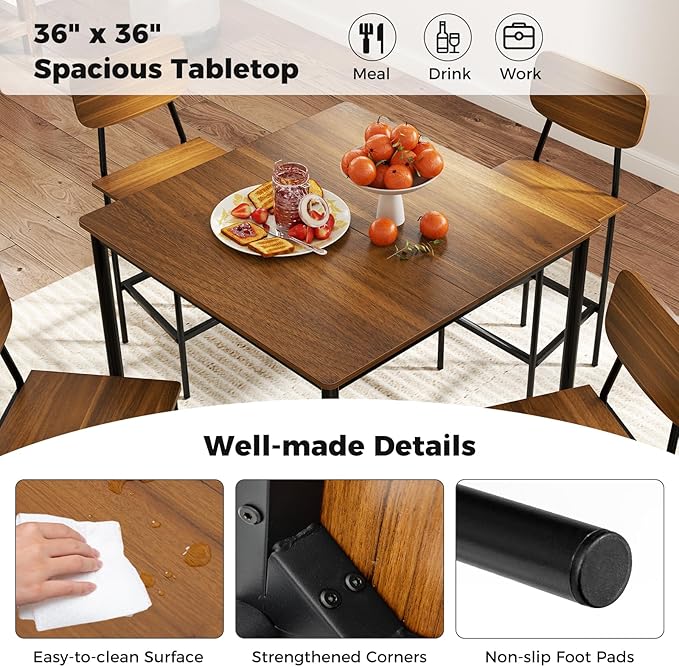 GOFLAME 5-Piece Dining Table Set for Small Space, Kitchen Table and Chairs Set for 4 with Steel Frame, Square Breakfast Table Set, Industrial Counter Height Table Set for Home, Restaurant & Cafe, Teak