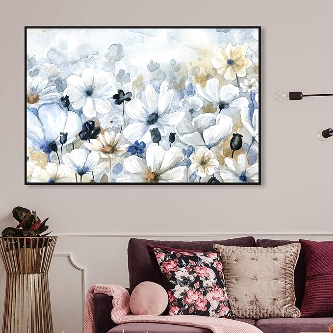 The Oliver Gal Artist Co. Floral and Botanical Wall Art Framed Canvas Prints 'Fields Flowers Home Décor, 45" x 30", Blue, White