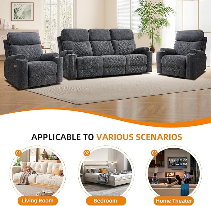 EBELLO Power Reclining Sofa Set, 2 Fabric Electric Recliner Chair and 3 Seater Sofa Couch with Cup Holders, USB Type-C Charging Ports, 5 Seats for Small Living Room, and Meeting Room, Grey