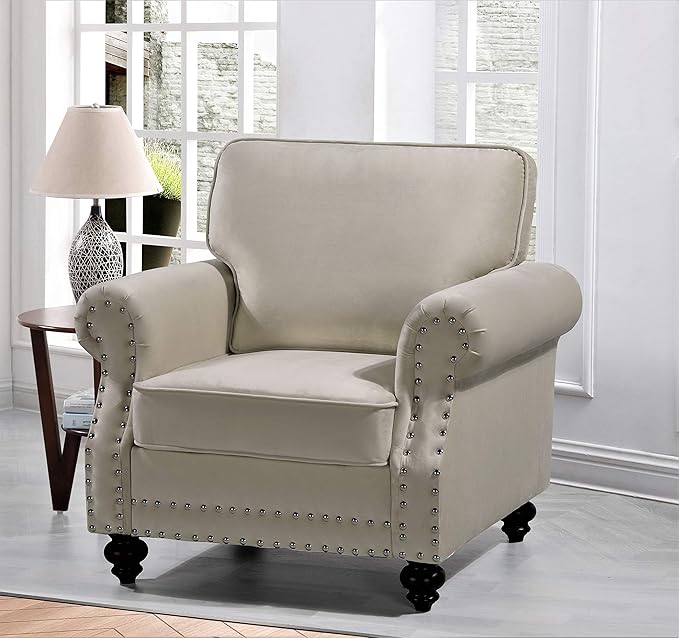 Container Furniture Direct Lotus Mid Century Modern Velvet Upholstered Living Room Rolled Arms, Chair, Loveseat and Sofa, Ivory