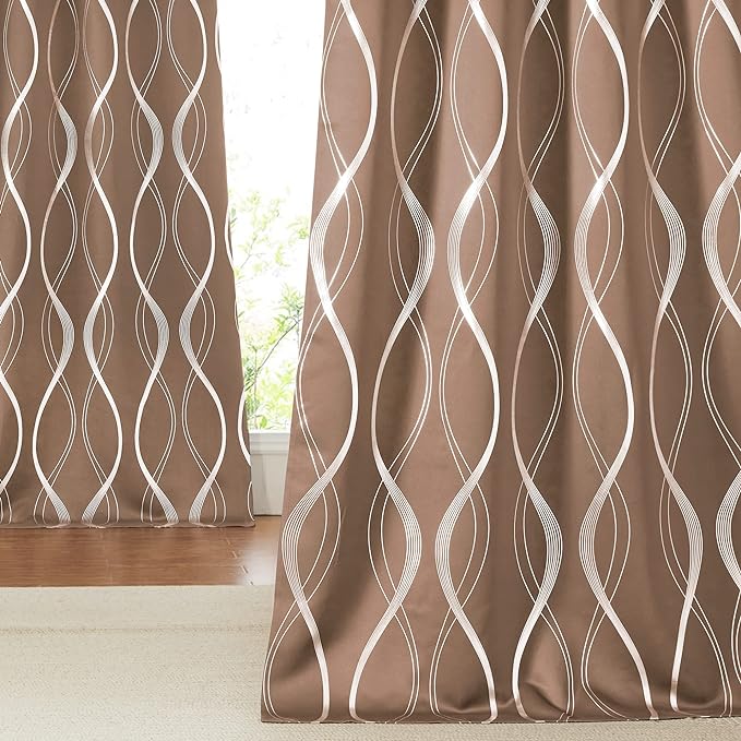 NICETOWN Extra Long Blackout Curtains for Large Window, Foil Printed Wave Lines Energy Saving Thermal Insulated Draperies for Kids Nursery Boys Bedroom (Cappuccino, 1 Pair, 52 inches by 108 inches)