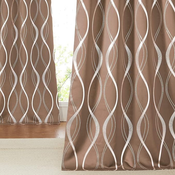 NICETOWN Blackout Curtains for Bedroom, Foil Printed Wave Lines Energy Saving Thermal Insulated Solid Grommet Blackout Draperies for Patio Hall Studio (Cappuccino, 1 Pair, 52 inches by 95 inches)