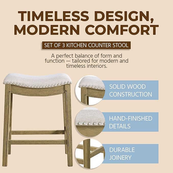 ROME + OAK Set of 3 Parker 26" Counter Stool, Backless Saddle Kitchen Barstool in Natural Wood Finish with Wheat Cream Fabric Upholstery Cushion Seat