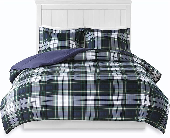 Madison Park Essentials Parkston Plaid Comforter, Matching Sham, 3M Scotchguard Stain Release Cover, Hypoallergenic All Season Bedding-Set, Full/Queen, Navy, 3 Piece