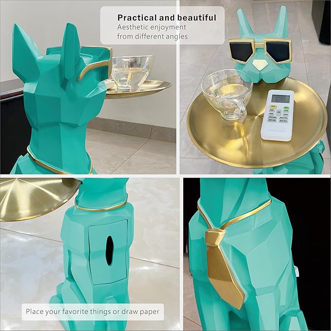 Beautiful and Elegant Decorative Pieces for Home, Dog Side Table with Tray and Storage，Dog 3D Sculpture Coffee Table Unique Home Decor (Green)