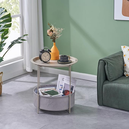 VECELO Round Side/End Table with Fabric Storage Basket，Metal Anti-Rust and Waterproof Small Bedside Nightstand with Removable Tray Top for Living Room，Balcony & Laundry，Grey /2pcs with Basket
