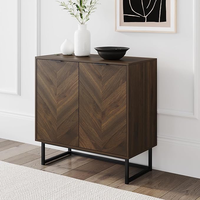 Nathan James Enloe Modern Sideboard Buffet Storage Accent Cabinet with Doors in a Rustic Walnut Finish and Black Matte Metal Base for Hallway, Entryway, Kitchen or Living Room, Walnut/Black