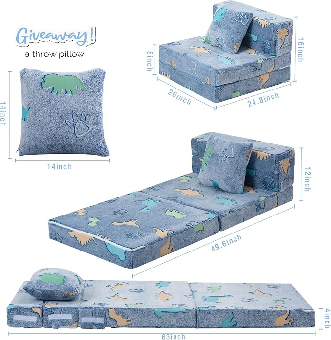 MeMoreCool Foldable Futon Chair Bed for Kids, Glow Tri-fold Sofa Bed Convertible Toddler Sofa Mattress, Foam Floor Couch for Sitting, Blue