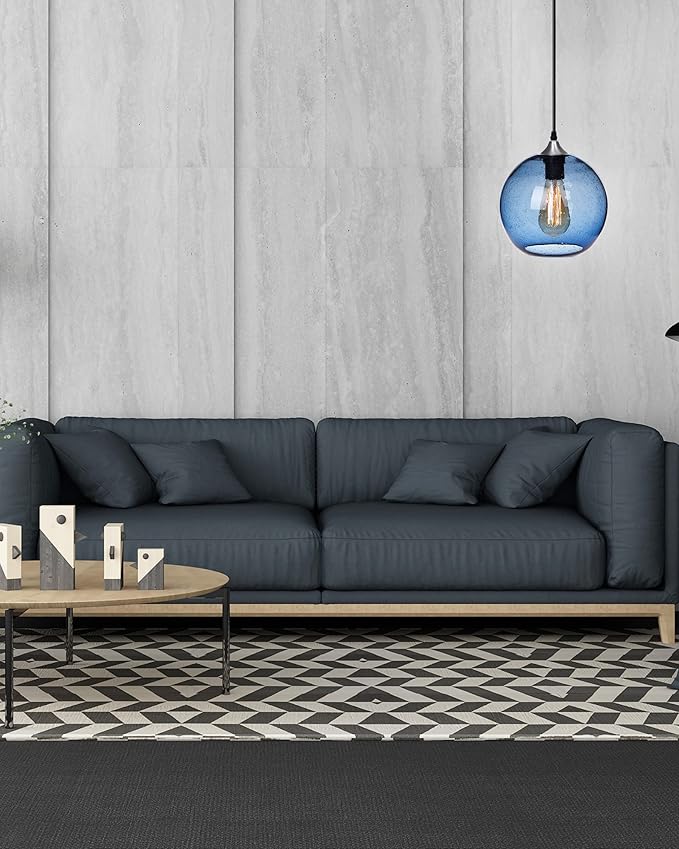 ARIAMOTION Pendant Lights Kitchen Island Blue Glass Lighting Modern Globe Ceiling Hanging Fixtures Seeded Bubble Bedside 8.7 Inch Diam 2-Pack Brushed Nickel