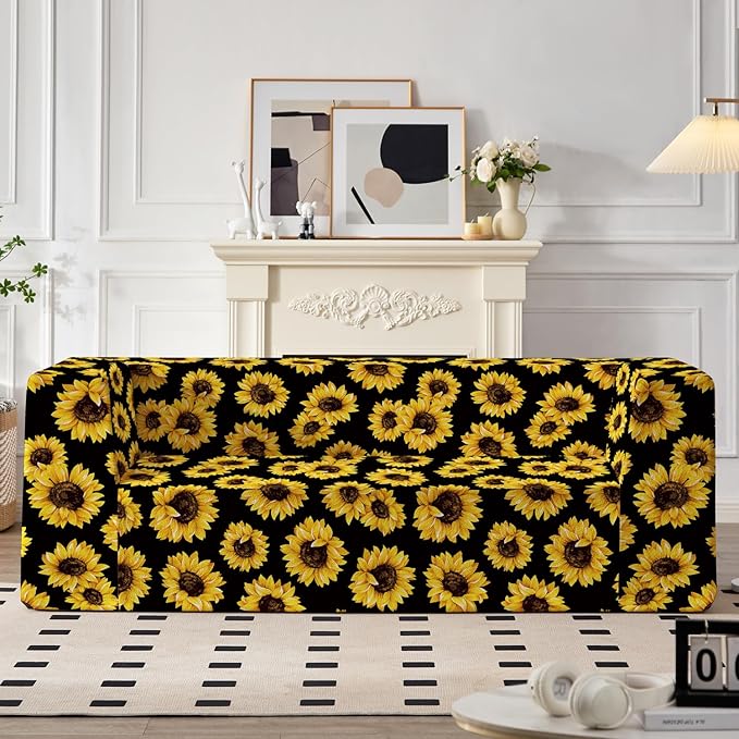 Loveseat Sofa, Boneless Couch in a Box with Sunflowers Print, Small Couch for Small Spaces, High-Resiliency Memory Foam, No Assembly Required, for Living Room, Bedroom, Office
