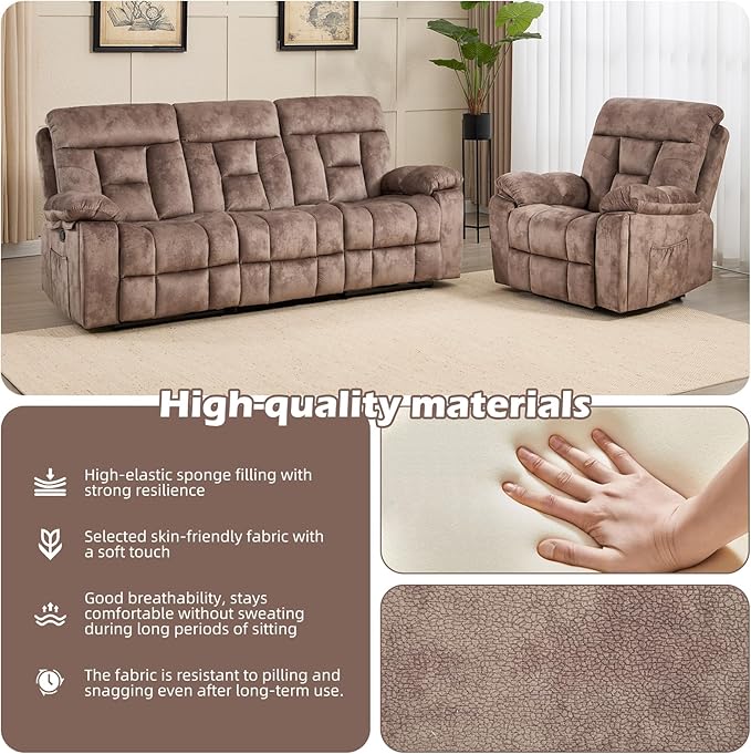 CANMOV Recliner Sofa Set, Power Lift Recliner with Massage&Heat and 3 Seat Sofa, Reclining Sofa with Overstuffed Armrest, Hidden Cup Holders, for Living Room, Camel-Brown