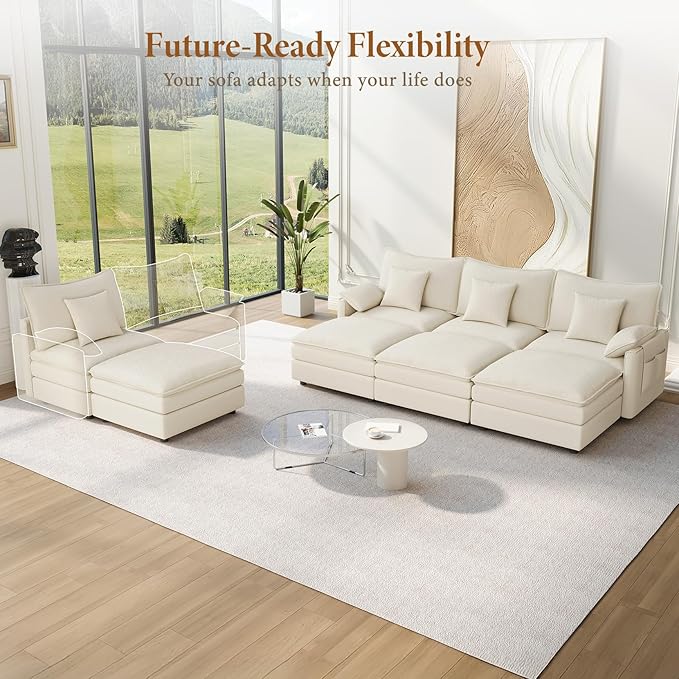 Vesgantti 142" Oversized Sectional Sofa Bed, 8-Seater Modular Sleeper Cloud Couch with Movable Ottoman, Chenille Convertible Sofa Set Deep Seat Couches for Living Room, Bedroom and Apartment, White | Sink-in Comfort, Height Adjustable, Easy Rearrangeme...