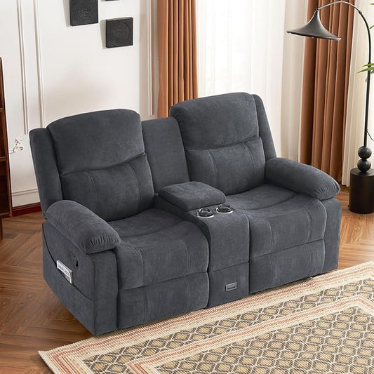 Recliner Sofa, Reclining Loveseat Sofa with Massage & Heat, Reclining Couch with Side Pockets, Extra Storage, Cup Holders for Living Room