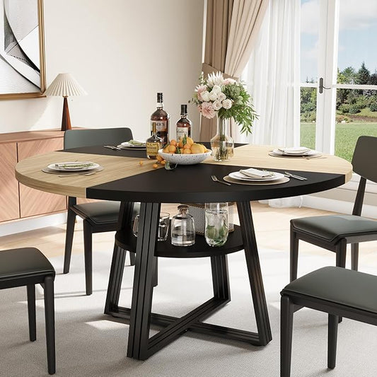 Garvee 47" Inch Round Dining Table for 4, Farmhouse Dining Room Circle Dinner Table,Space Saving Wood Kitchen & Dining Room Furniture, Round Tables with Storage and Metal Square Legs, Black Oak