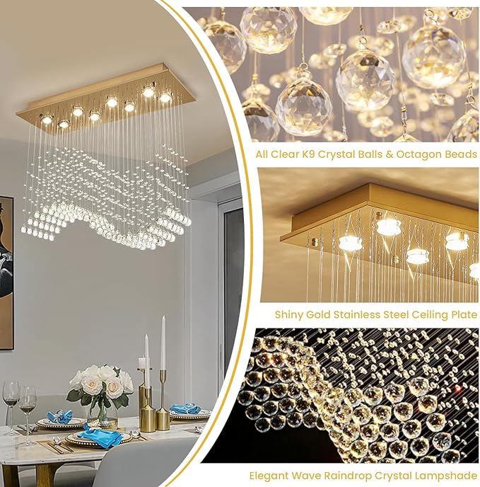 Siljoy Gold Rectangle Crystal Chandelier for Dining Room, 31.5'' Modern Wave Raindrop Crystal Chandelier, 8-Light Luxury Rectangular Pendant Ceiling Light for Living Room Kitchen Island