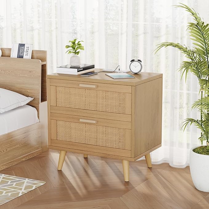 Rovaurx Rattan Nightstand with 2 Drawers, 23.6" Wide Bedside Table Night Stand with Charging Station, End Table for Bedroom, Boho Side Table with Solid Wood Legs for Bedroom, Modern Natural RCTG111ME
