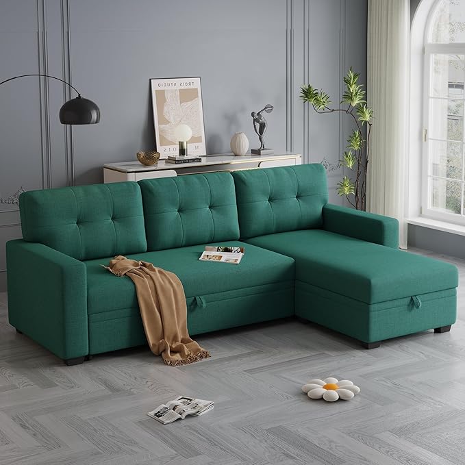 82" L-Shape Convertible Sleeper Sectional Sofa with Storage Chaise and Pull-Out Bed,Modular Corner Couch Lounge,w/Removable 3 Back Cushions and Armrest,for Home Furniture,Green