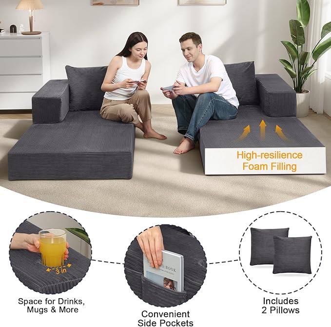 COMAX Boneless Couch, Futon Sofa Bed Couches Versatile Queen for Living Room, 79" 4 in 1 Convertible Sleeper Corduroy Couch Foam in a Box, Foldable Fold Out Floor Mattress No Assembly Required, Grey