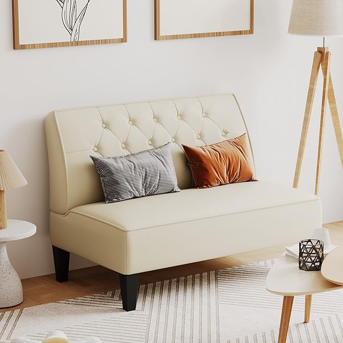Alunaune Upholstered Loveseat Bench Couch for Bedroom, Modern Anti Scratch Cushioned Armless Settee Small Love Seat Sofa Faux Leather Living Room Couch-Beige