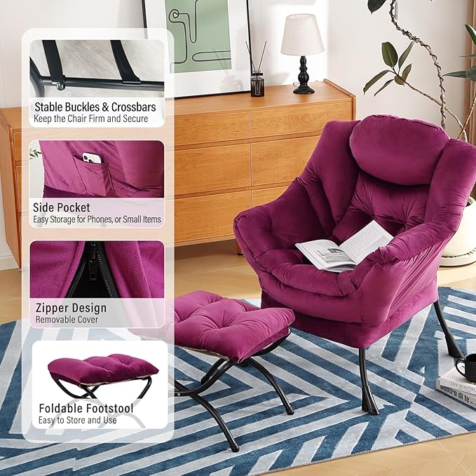 Lazy Chair with Ottoman, Modern Chair with Folding Footrest, Velvet Dark Purple Accent Chair, Comfortable Reading Chair, Oversized Armchairs for Bedroom, Study, Living Room, Courtyard