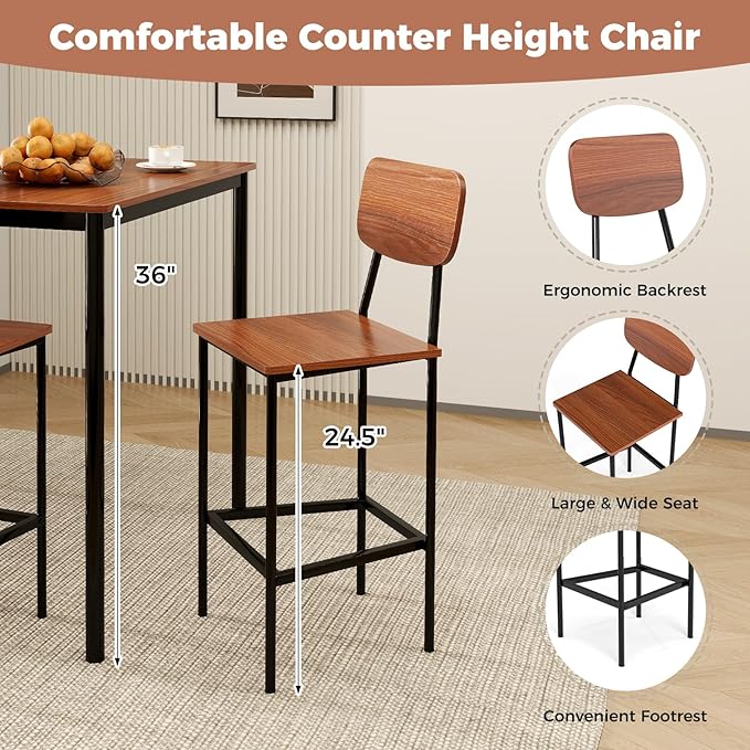 GOFLAME 5-Piece Dining Table Set for Small Space, Kitchen Table and Chairs Set for 4 with Steel Frame, Square Breakfast Table Set, Industrial Counter Height Table Set for Home Restaurant, Walnut