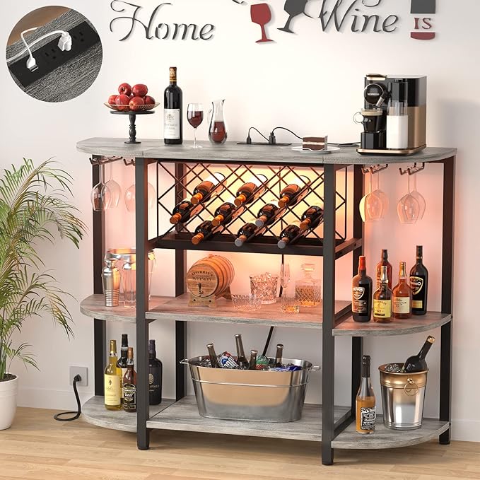 Unikito 4-Tier Metal Coffee Bar Cabinet with Outlet and LED Light, Freestanding Floor Table for Liquor Glass Holder Wine Rack Storage, Bakers Kitchen Dining Room, White Oak