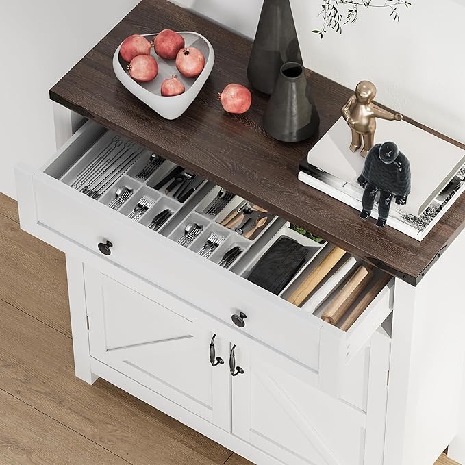 Semiocthome Farmhouse Sideboard Buffet Cabinet with Storage and Adjustable Shelf, Accent Table with Barn Door, Storage Cabinet for Kitchen, Dining Room, Bathroom, Entryway - White