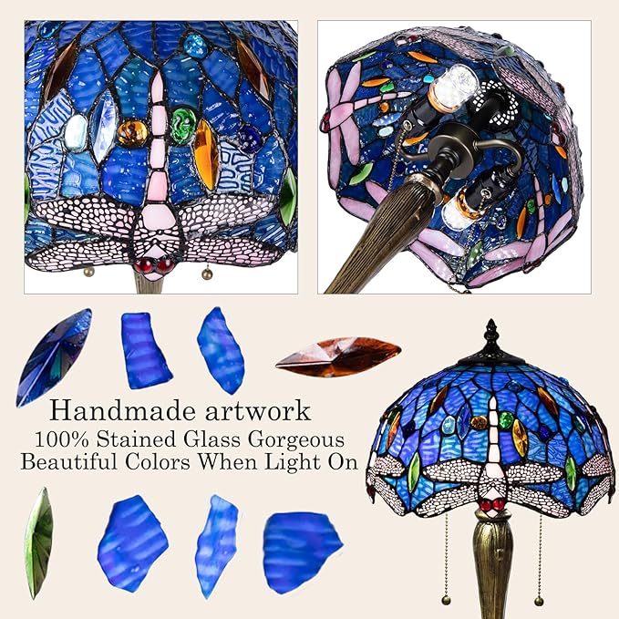 Small Tiffany Table Lamp, Blue Dragonfly Stained Glass Lamp,12 Inch Tiffany Style Lamp for Bedroom Living Room Home, Handcrafted Light, Included Bulb