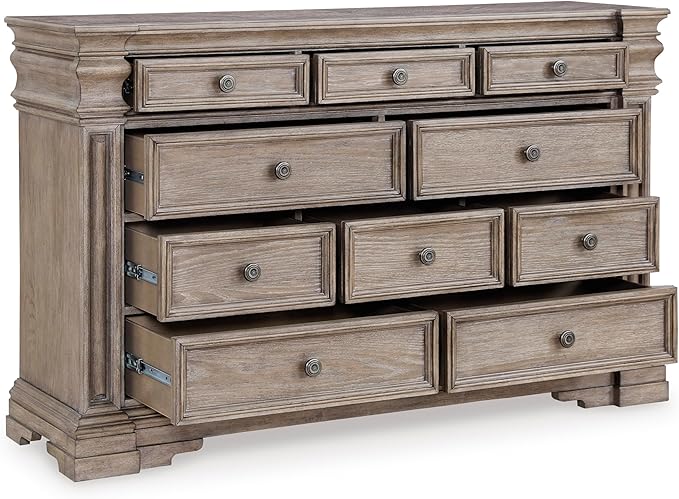 Signature Design by Ashley Blairhurst Traditional 10-Drawer Dresser and Mirror with Safety Stop, Felt-Lined Top Drawer and LED Lights, Light Brown