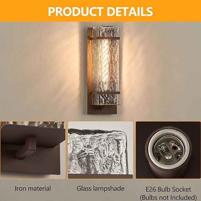 Brown Outdoor Wall Light, 13.4in Exterior Waterproof Lanterns,Porch Sconces Wall Mounted Lighting with E26 Sockets & Textured Glass Shades, for Garage,Doorway,Patio,Front Door