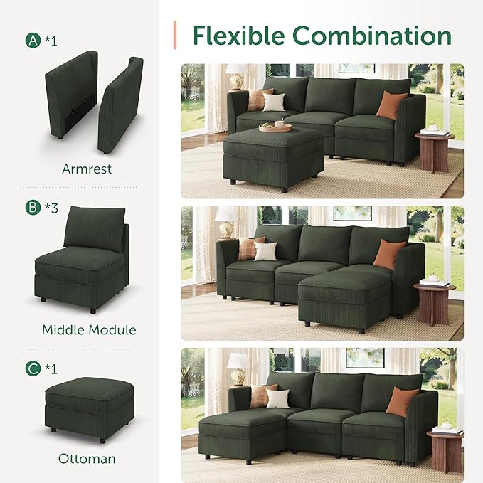 HONBAY Modular Sectional Sofa with Storage L Shaped Sectional Sofa, Convertible Couches for Living Room - Green