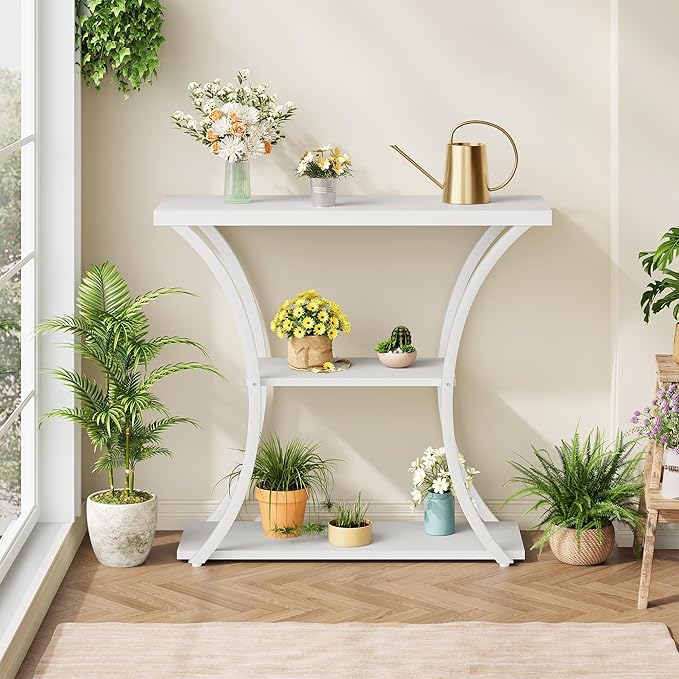 Hoctieon 3 Tier Console Table with Open Wood Shelves, Decorative Entryway Table with Curved Metal Frames, Narrow Sofa Table for Entrance, Living Room, Hallway, White