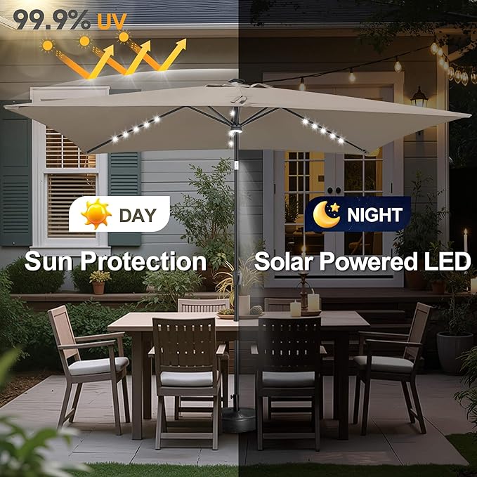 6.5x10 FT LED Lighted Rectangular Patio Umbrella, Rectangular Solar Umbrella Outdoor with Center Ring Light 28 LED Lights, Rectangle Table Umbrella for Deck, Backyard, Pool, Beach (Taupe)