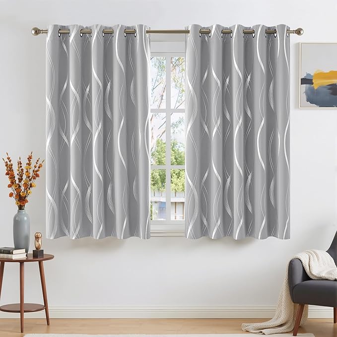 NICETOWN Silver Grey Short Blackout Curtain Panels 54 inch Long for Cafe, Noise Reducing Thermal Insulated Wave Line Foil Print Design Drapes for Cloest, W66 x L54 inch 2 Panels