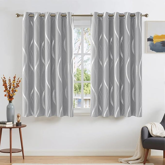 NICETOWN Silver Grey Short Blackout Curtain Panels 54 inch Long for Cafe, Noise Reducing Thermal Insulated Wave Line Foil Print Design Drapes for Cloest, W66 x L54 inch 2 Panels