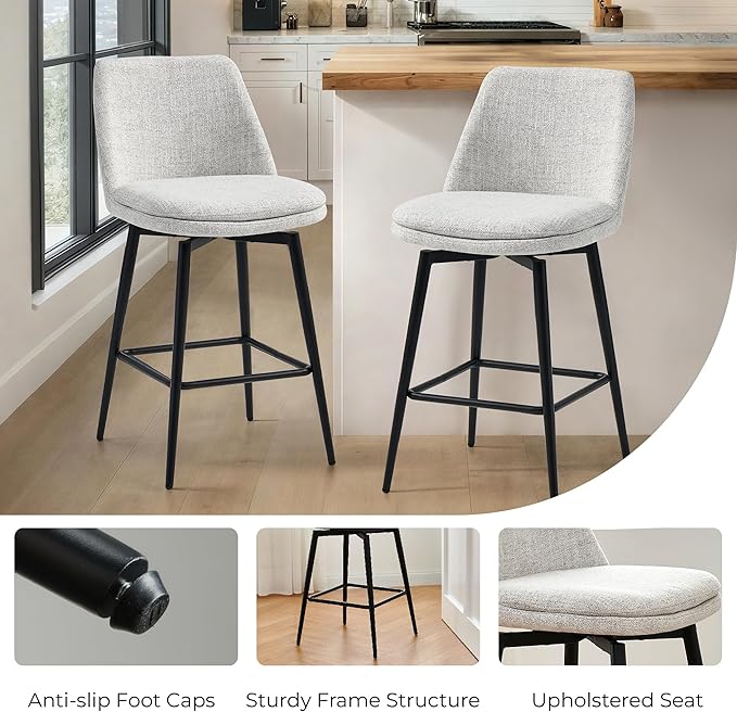 CHITA Swivel Bar Stools, 27.2" Counter Height Bar Stools Set of 2, FSC Certified Upholstered Modern Counter Stools, Metal Legs, Fabric, Light Grey (Multi-Colored)