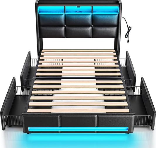 Rolanstar Twin Size Bed Frame with LED Lights and Charging Station, PU Leather Bed Storage Headboard & Drawers, Heavy Duty Wood Slats, Easy Assembly, Black