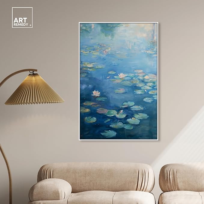 Art Remedy Lilypads In Blues Framed Impressionism 1 Piece Canvas Wall Art/Monet And Van Gogh Inspired Art, 31" x 46", White Frame