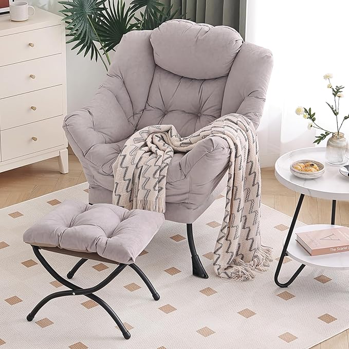 Lazy Chair with Ottoman, Modern Chair with Folding Footrest, Light Grey Accent Chair, Comfortable Reading Chair, Oversized Armchairs for Bedroom, Study, Living Room, Courtyard