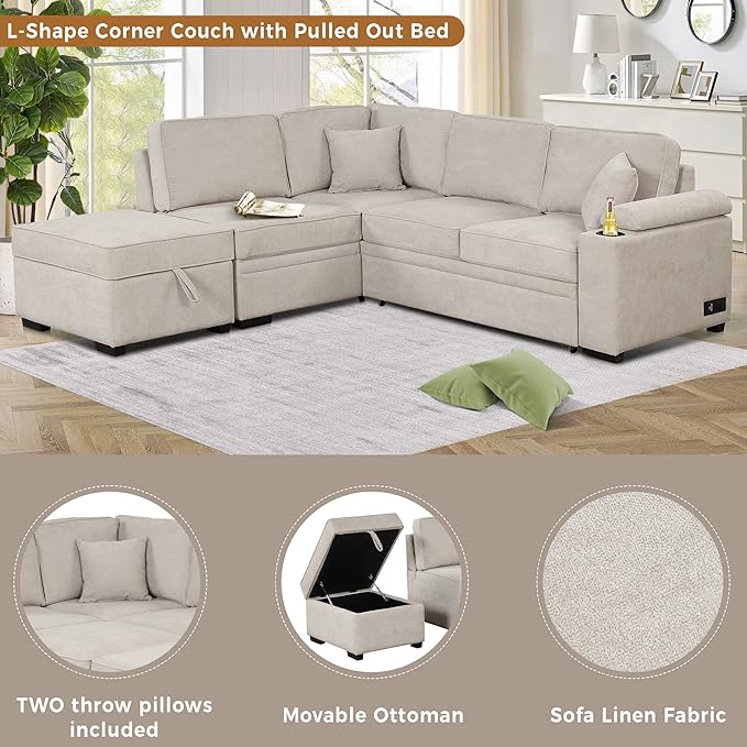 Merax Sofa Bed Sleeper Couch L Shaped Sofa with Storage Ottoman and Cup Holder, L-Shape Sectional Couch with Comfortable backrest and Charging Function for Living Room and Small Apartment (Beige)