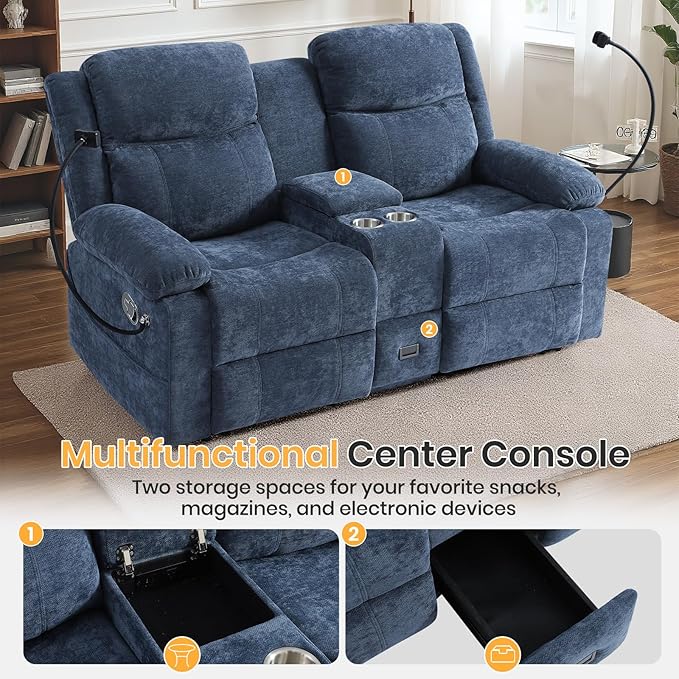 Loveseat Recliner Sofa, Reclining Loveseat with Console, RV Wall Hugger Double Loveseat Recliner Couch for Living Room & Home Theater (Blue)
