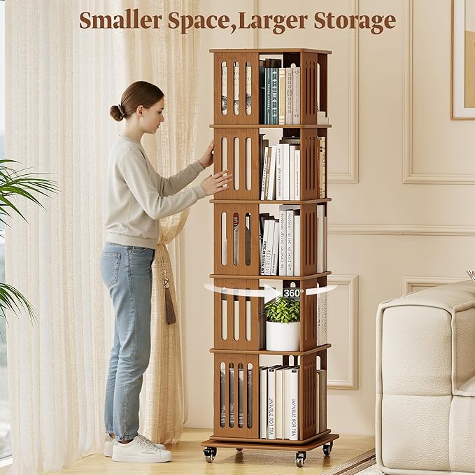 5 Tier Rotating Bookshelf Tower on Wheels, Wood Spinning Bookcase, Bamboo Revolving Book Shelf, Narrow Bookshelves for Small Space, Corner, Bedroom, and Living Room - Walnut
