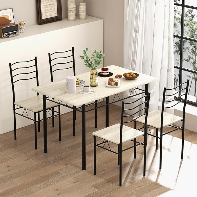 COSTWAY Kitchen Table Chairs Set of 4, 5 Piece Metal Rectangular Dinette Set w/Non-Slip Pad, Space-Saving Design, Modern Dining Room Table Set for Small Place Breakfast Nook Restaurant (Natural)