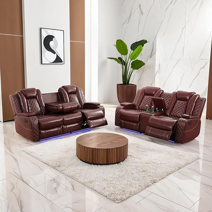 Breathing Leather Power Recliner Sofa Set, 2 Piece Leather Couch and Loveseat Set, Living Room Furniture Set with Storage Console/LED Lighting (Auburn, Sofa+Loveseat)