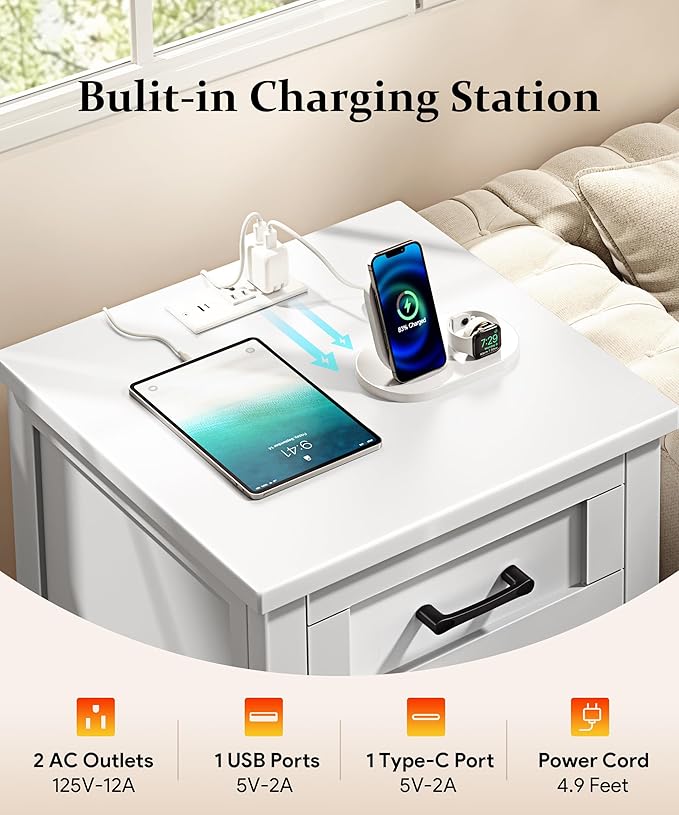 Farmhouse Nightstand with Charging Station & Large Storage, Set of 2 Modern End Tables with Outlets, USB Ports and Type-C Ports, Easy Assembly for Bedroom (Pure White)